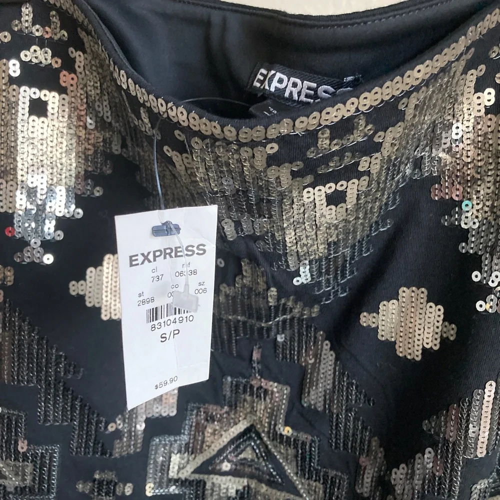 Express High Waist Black Silver Sequin Beaded Aztec Tribal Mini Skirt Small - Picture 5 of 9